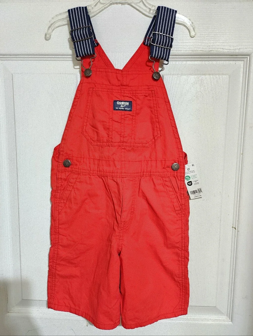 OSHKOSH B'GOSH TODDLER RED NAVY STRIPE STRAP SHORTALLS OVERALLS UNISEX 5T
